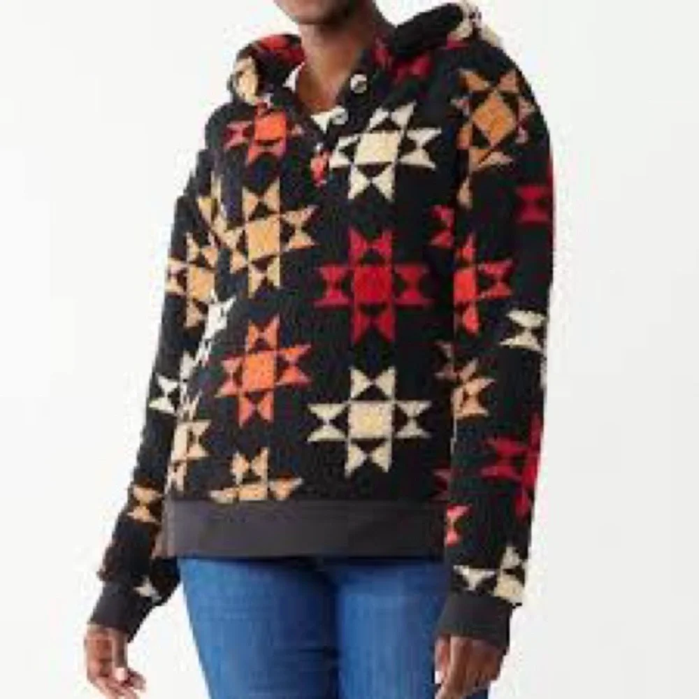 Sonoma‎ Black Star Pattern Fleece Hoodie Size Large NWOT